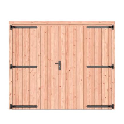 Douglas opgeklampte dubbele garagedeur dicht met zwart beslag (deurbreedte 117cm x2)